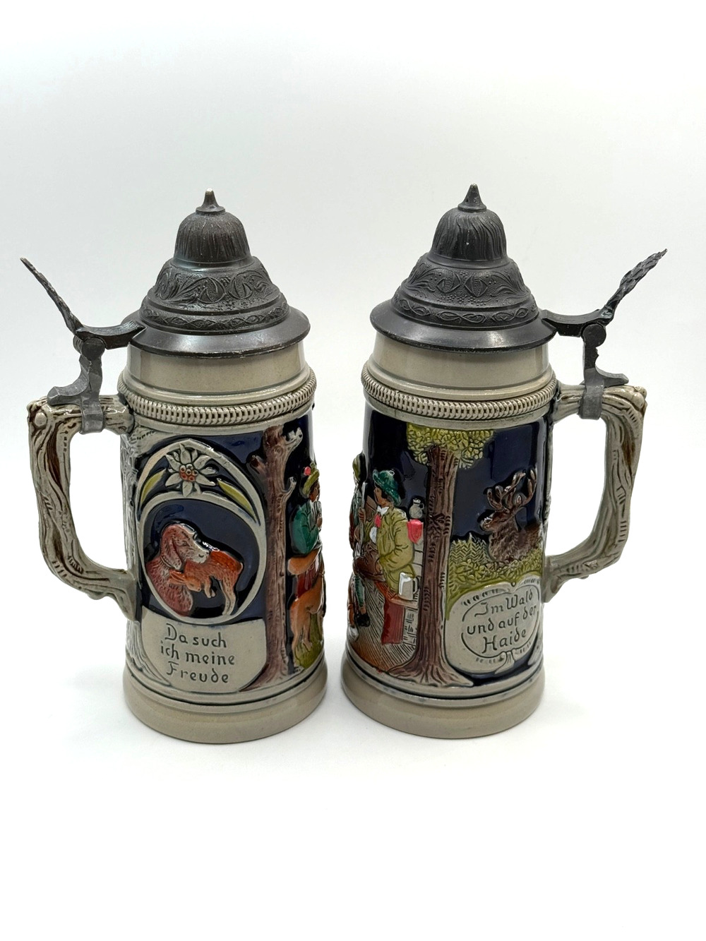 Vintage Thewalt West Germany Hunting Beer Steins 9" Pewter Lid Pair 051